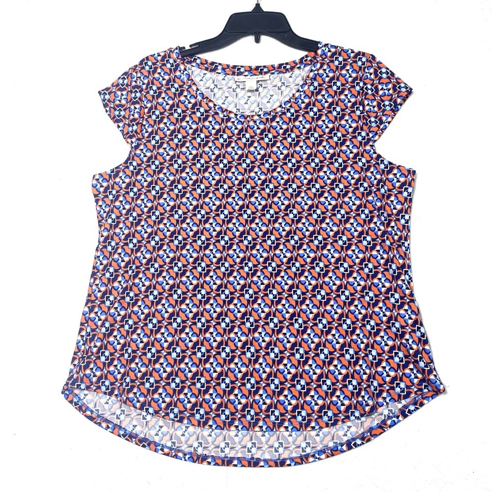 Emaline Geometric Blouse Womens L Blue Orange Cap Sleeve Round Neck Pullover Top